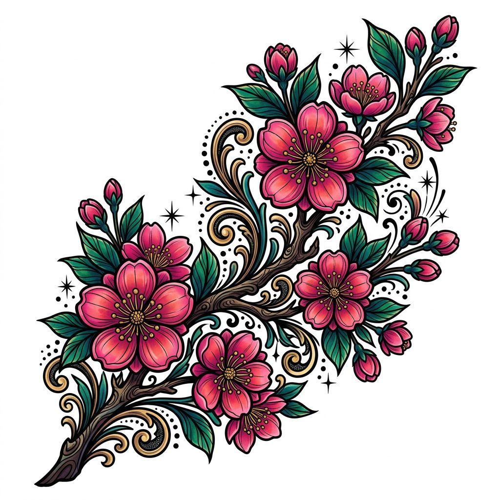 idée tatouage fleur fleur de cerisier néo-traditionnelle, design sur fond blanc