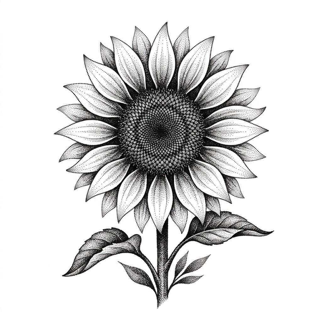 idée tatouage fleur tournesol dotwork, design sur fond blanc