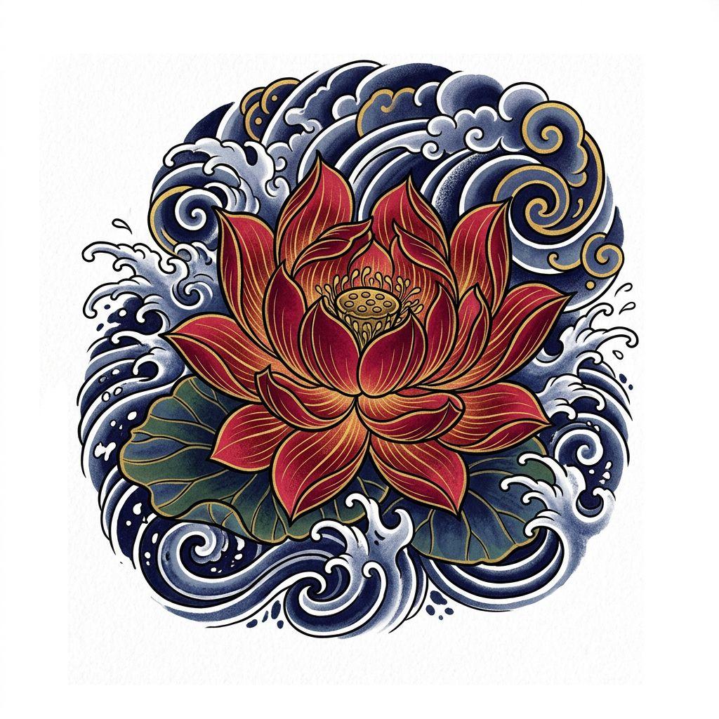 idée tatouage fleur fleur de lotus japonais, design sur fond blanc