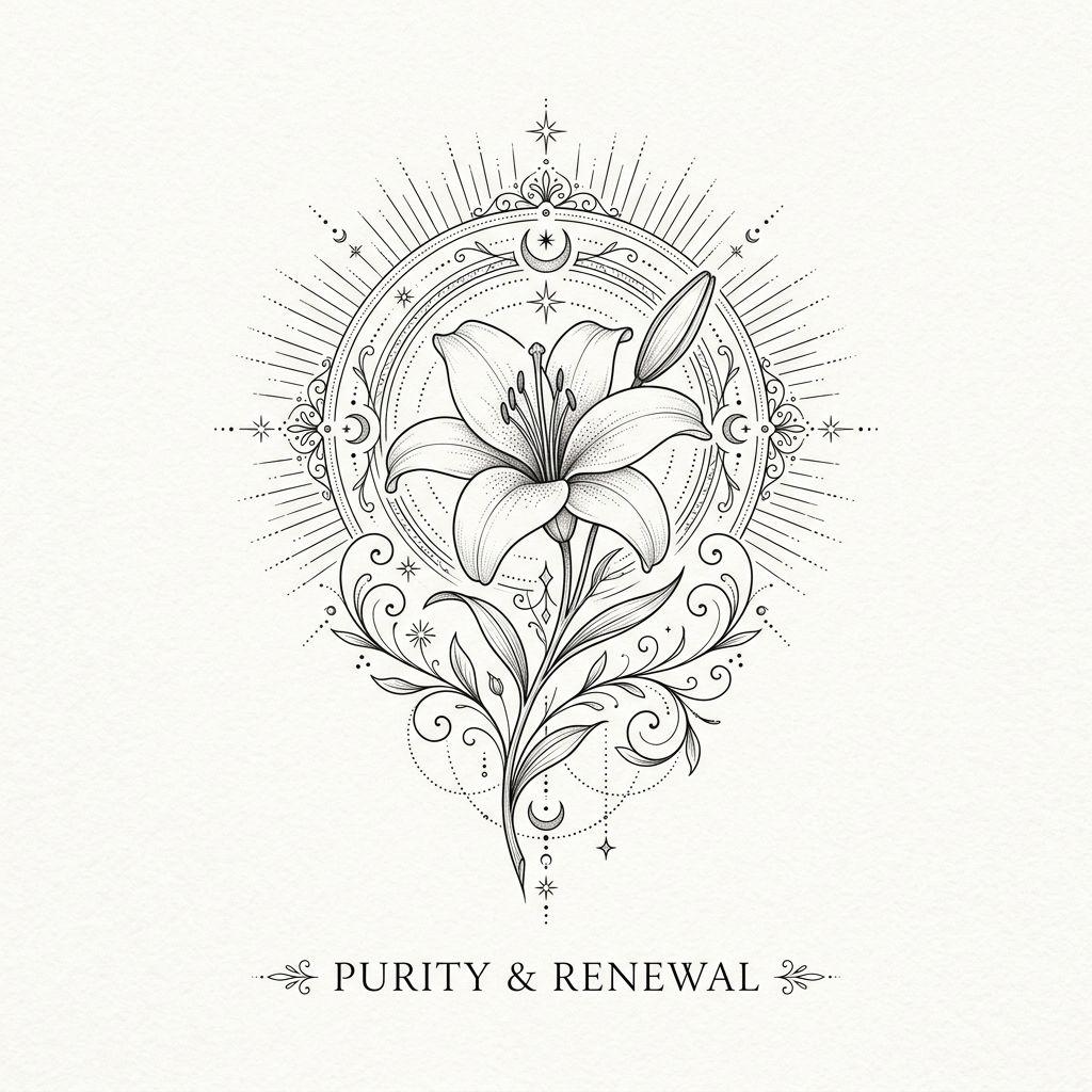 idée tatouage fleur lys spirituel, design sur fond blanc