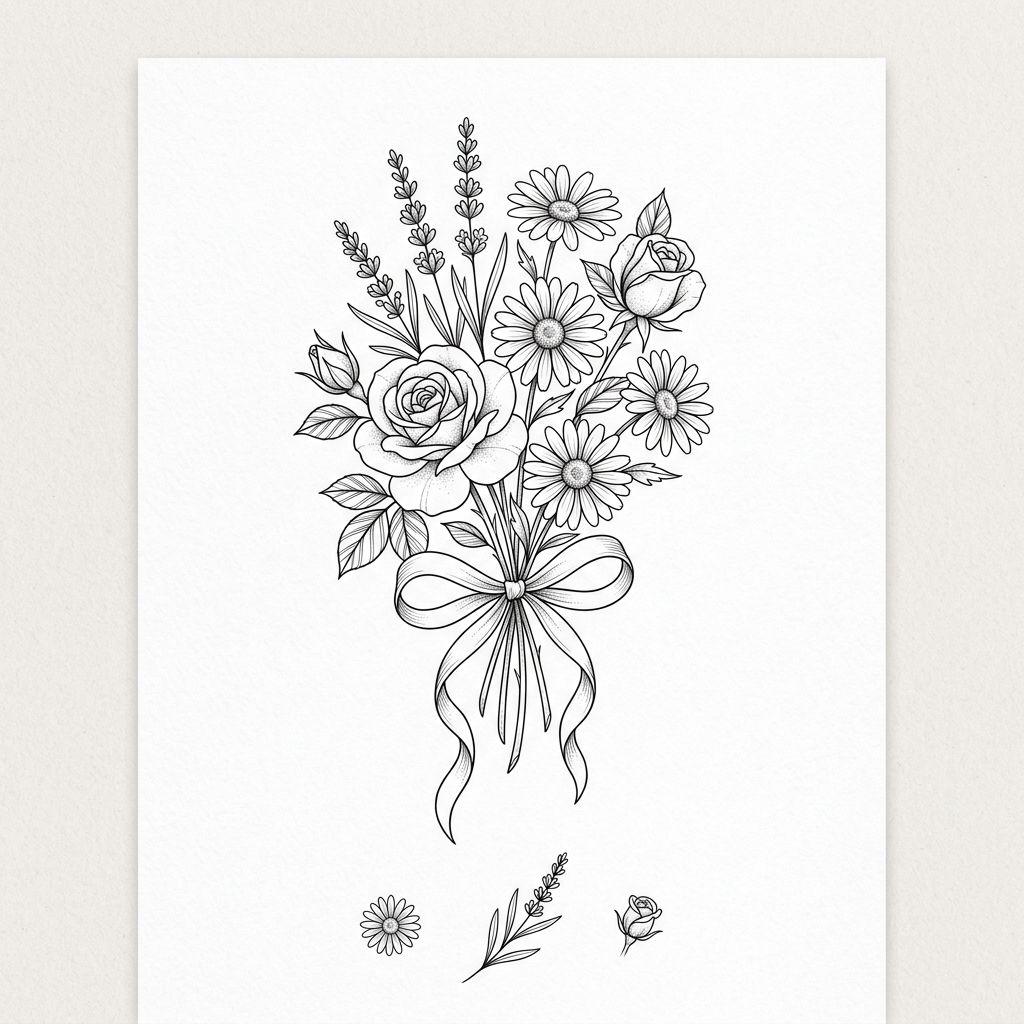 idée tatouage fleur bouquet floral compose, design sur fond blanc