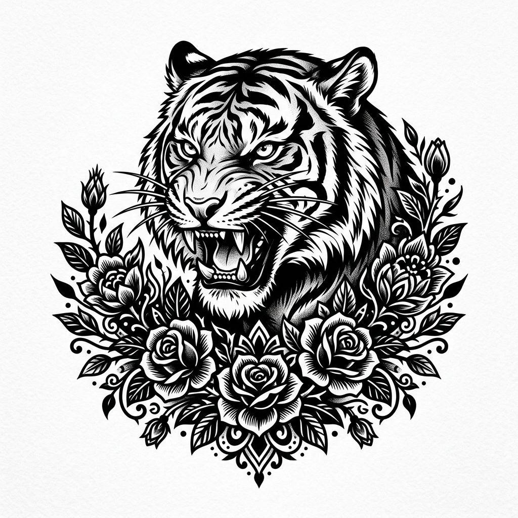 idée tatouage fleur tigre dans les fleurs, design sur fond blanc