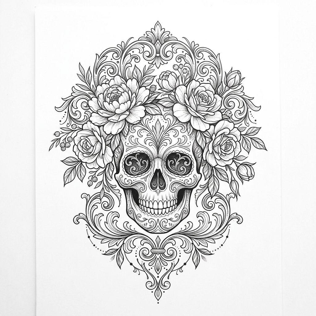 idée tatouage fleur crane fleuri ornemental, design sur fond blanc