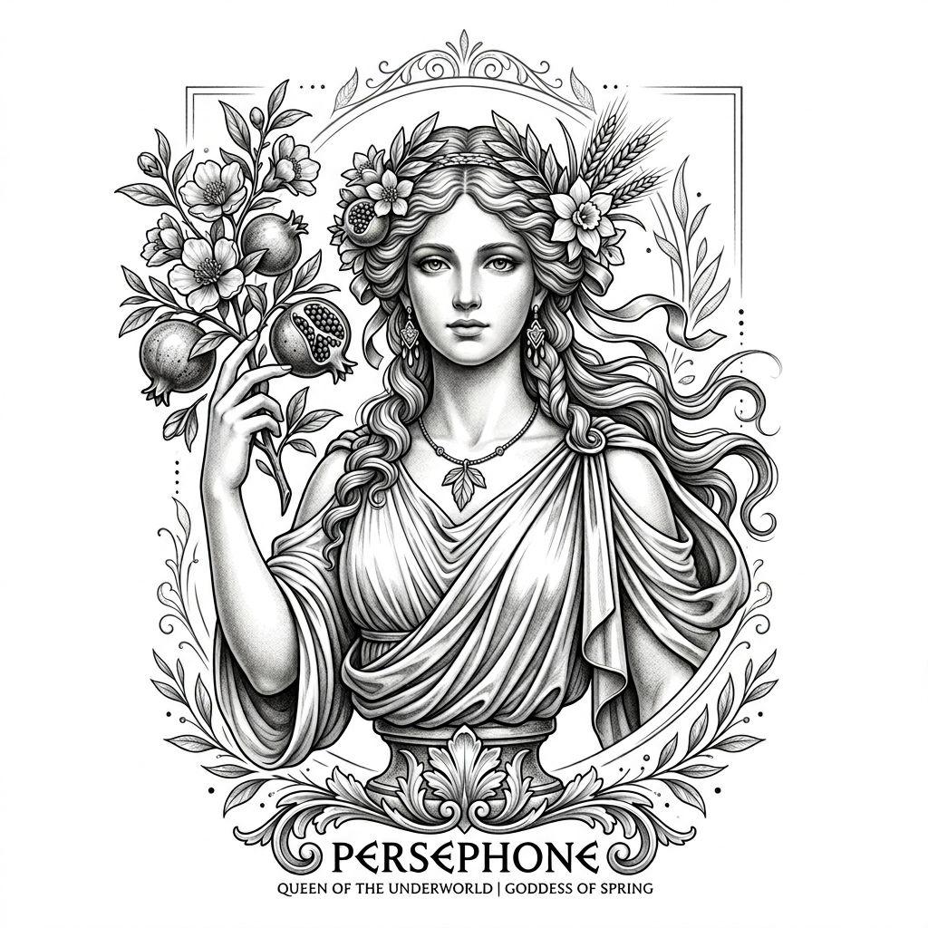 idée tatouage fleur persephone mythologique, design sur fond blanc