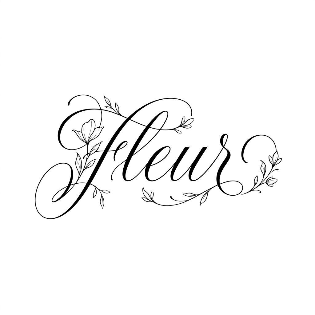 idée tatouage fleur lettrage 'fleur' cursive, design sur fond blanc