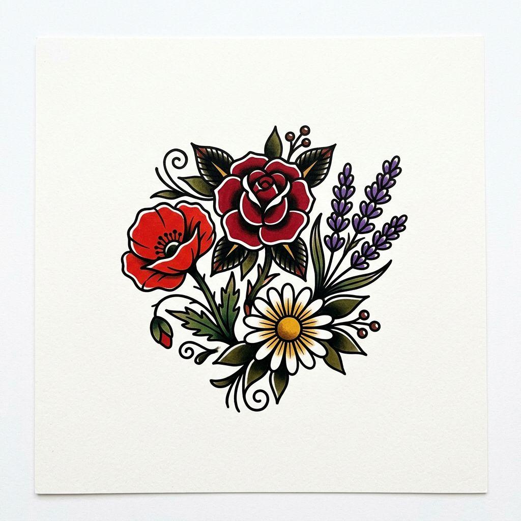 idée tatouage fleur patchwork floral vintage, design sur fond blanc