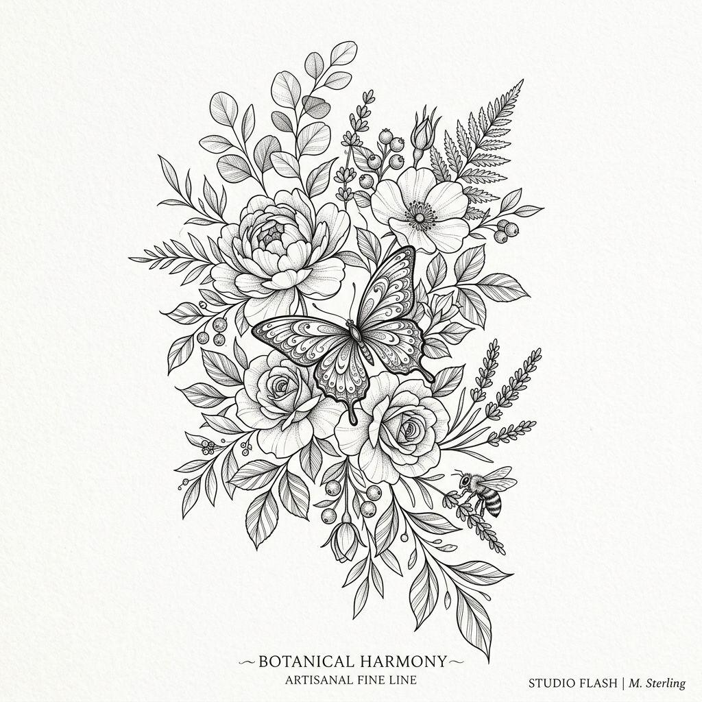 idée tatouage fleur jardin secret premium, design sur fond blanc