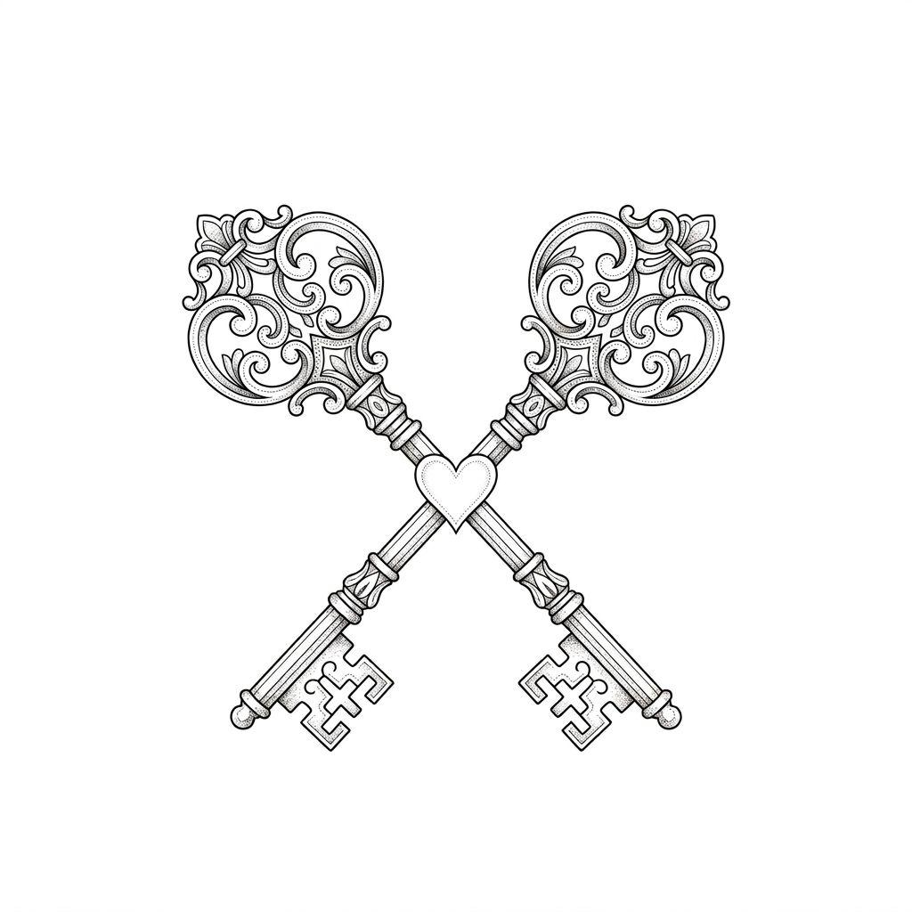 idée tatouage frère et sœur clés fine line, design sur fond blanc