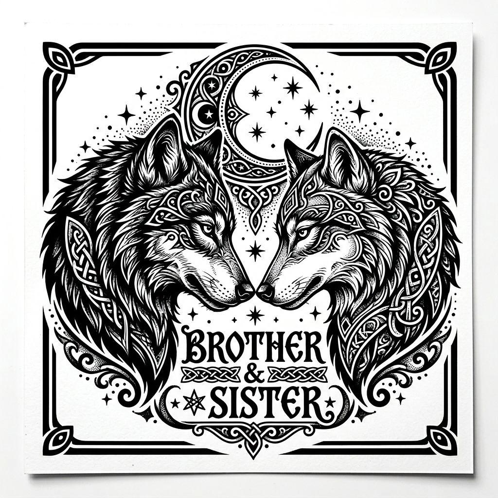 idée tatouage frère et sœur loup et louve blackwork, design sur fond blanc