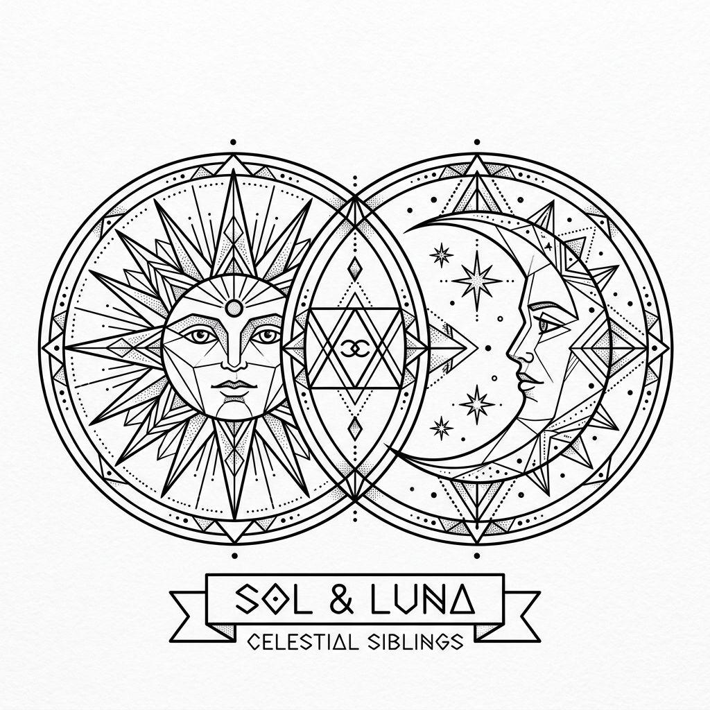 idée tatouage frère et sœur soleil et lune géométriques, design sur fond blanc