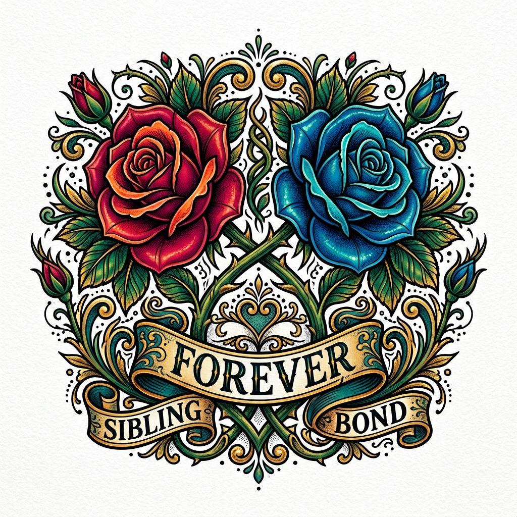 idée tatouage frère et sœur roses néo-traditionnelles, design sur fond blanc
