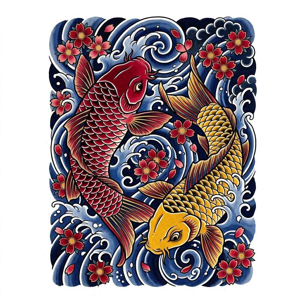 idée tatouage frère et sœur carpes koï siblings, design sur fond blanc