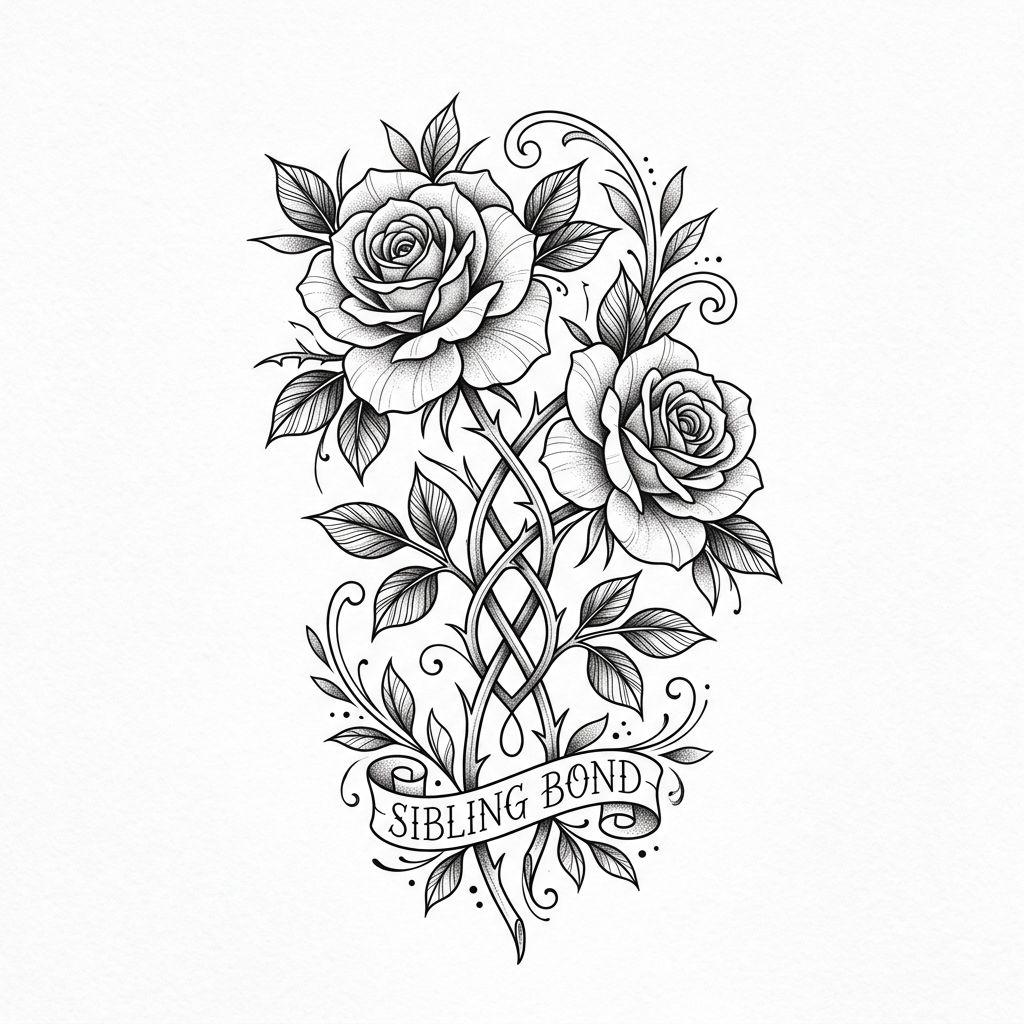 idée tatouage frère et sœur roses entrelacées, design sur fond blanc