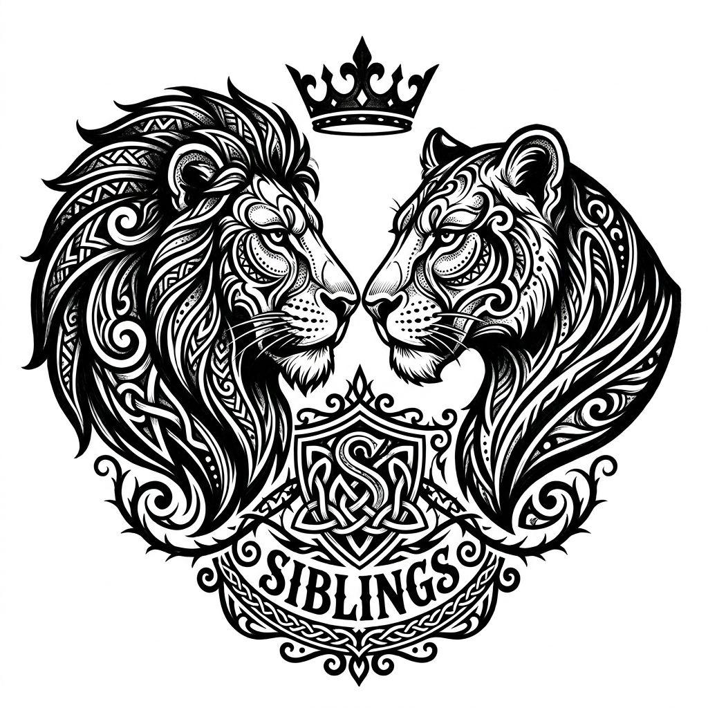 idée tatouage frère et sœur lion et lionne, design sur fond blanc