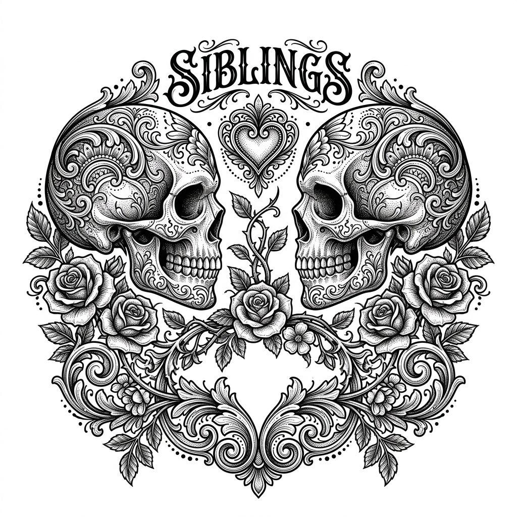 idée tatouage frère et sœur crânes complémentaires, design sur fond blanc