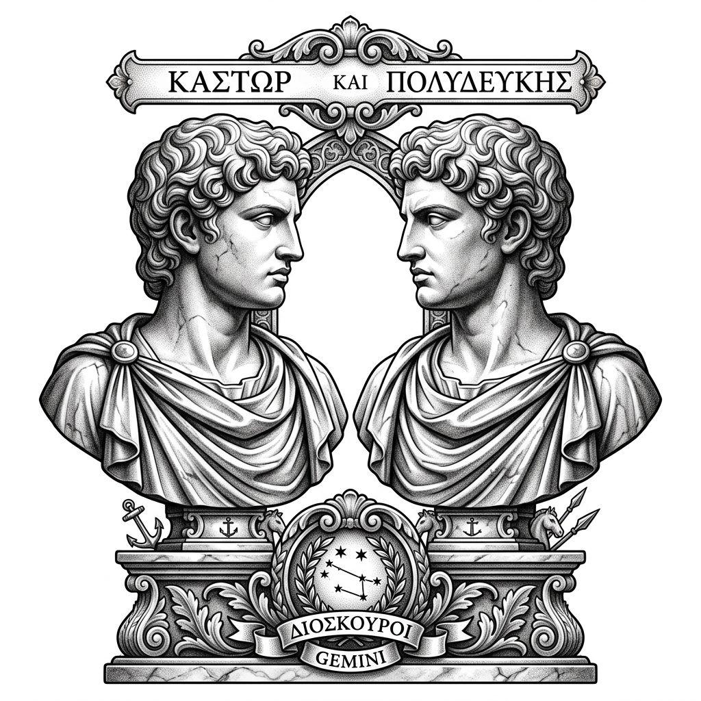 idée tatouage frère et sœur castor et pollux, design sur fond blanc
