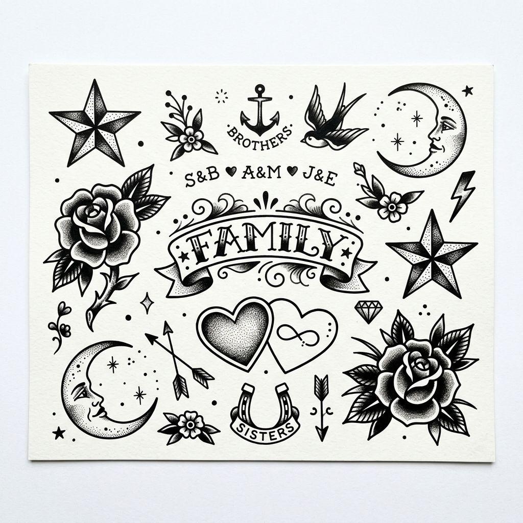 idée tatouage frère et sœur patchwork flash siblings, design sur fond blanc