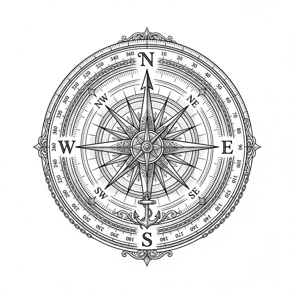 idée tatouage homme boussole fine line, design sur fond blanc