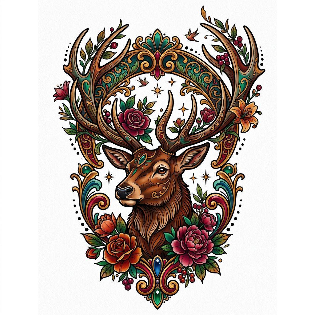 idée tatouage homme cerf néo-traditionnel, design sur fond blanc