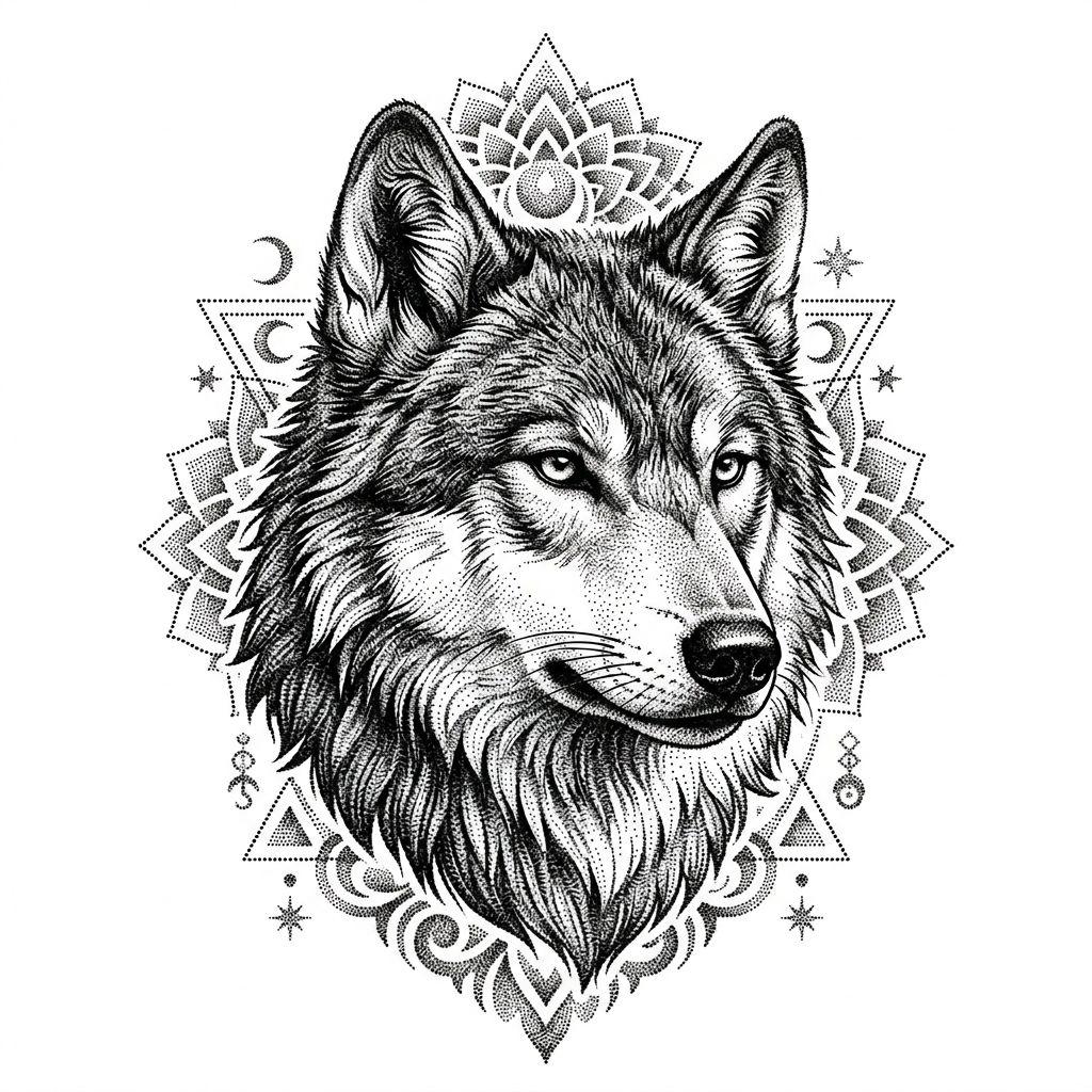 idée tatouage homme loup dotwork, design sur fond blanc