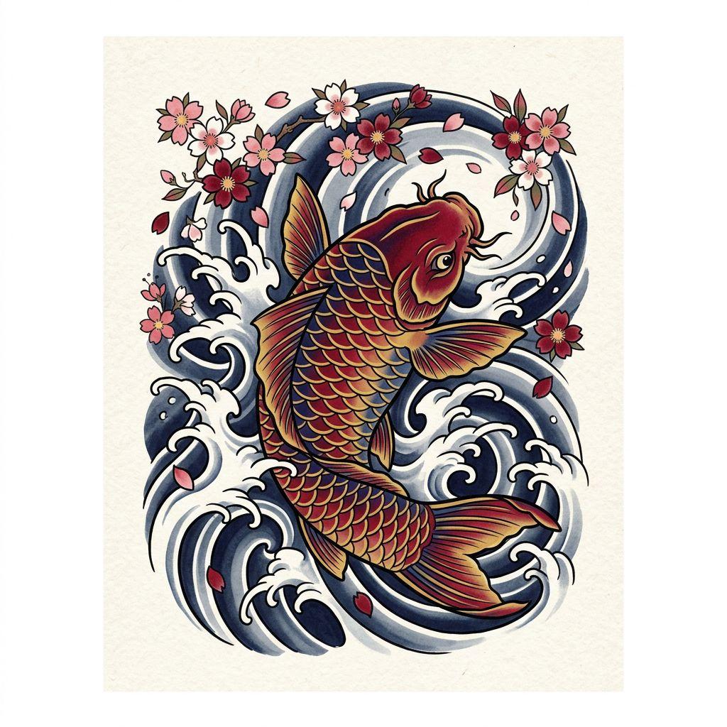 idée tatouage homme carpe koï japonaise, design sur fond blanc