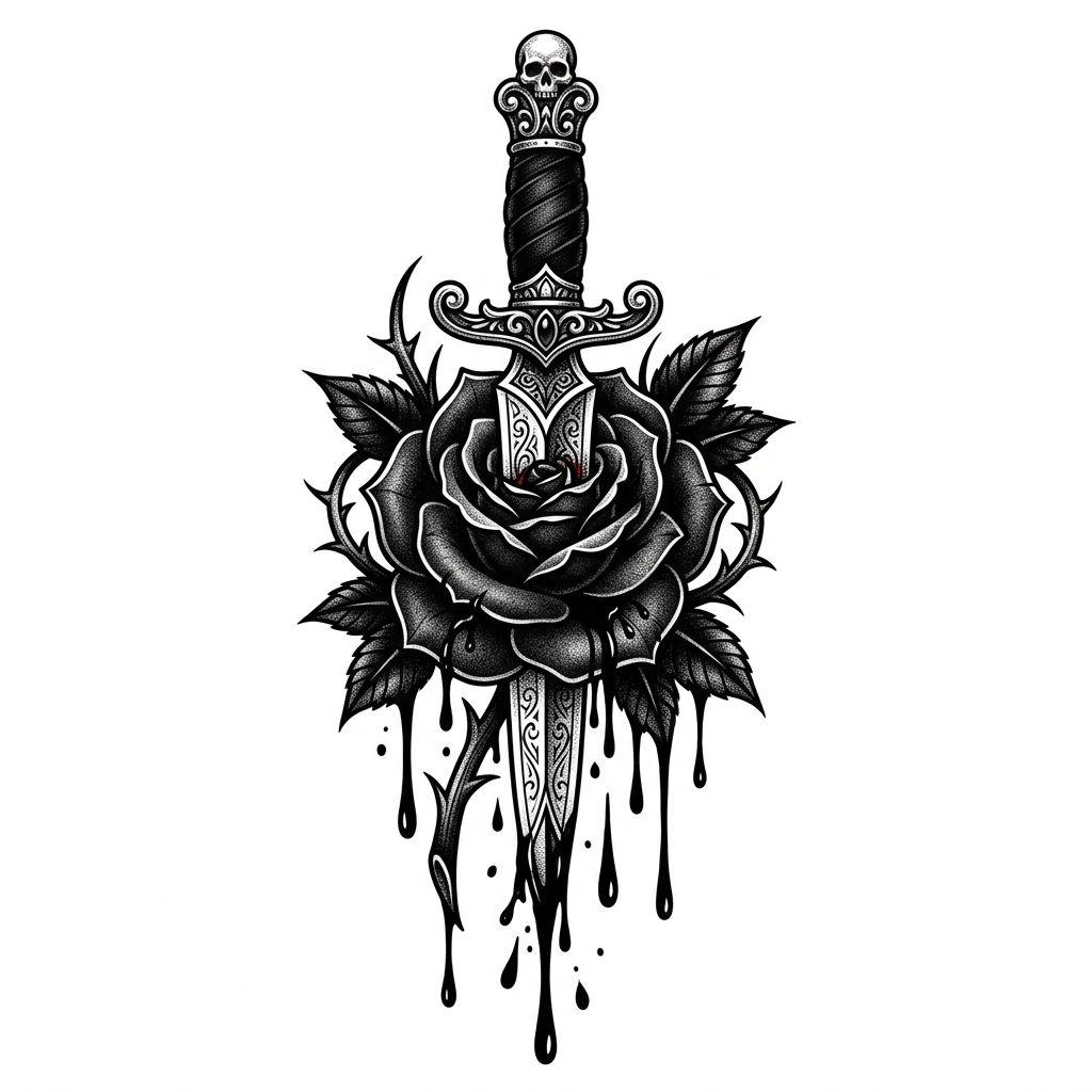 idée tatouage homme rose et dague, design sur fond blanc