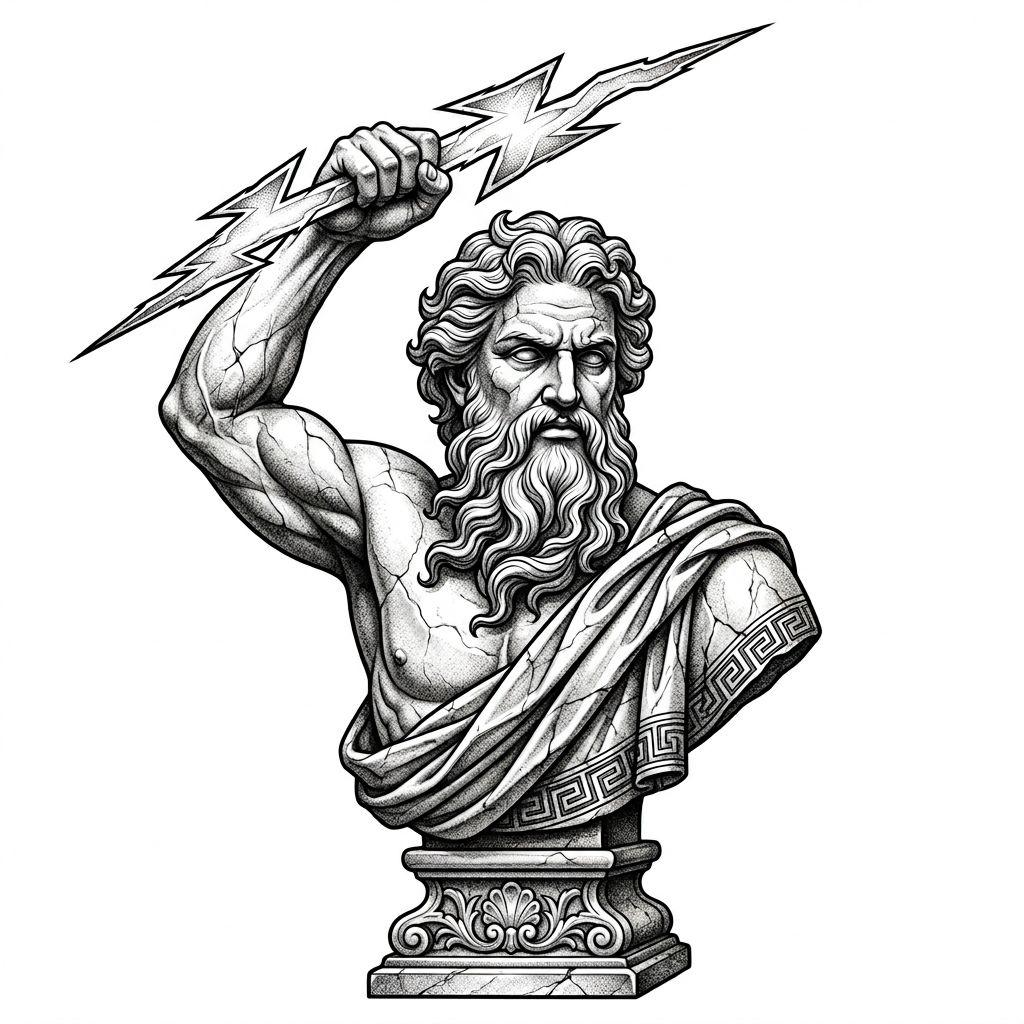 idée tatouage homme zeus mythologique, design sur fond blanc