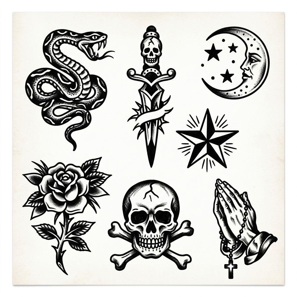 idée tatouage homme patchwork old school, design sur fond blanc