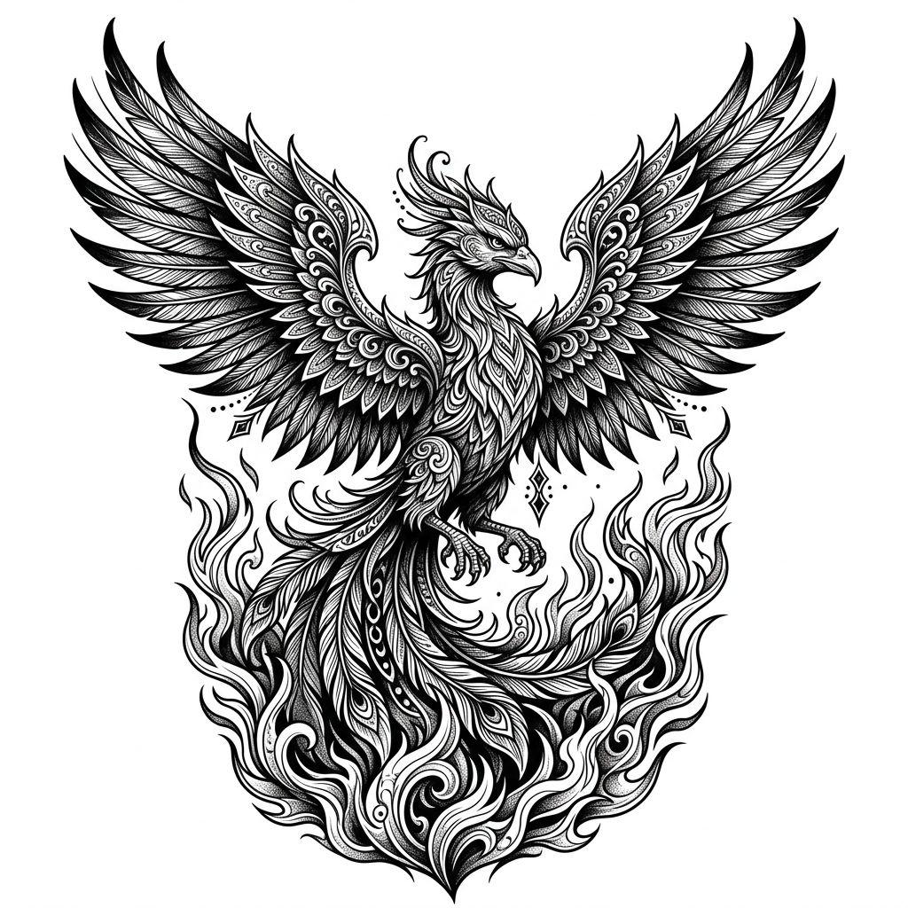 idée tatouage homme phénix artistique, design sur fond blanc