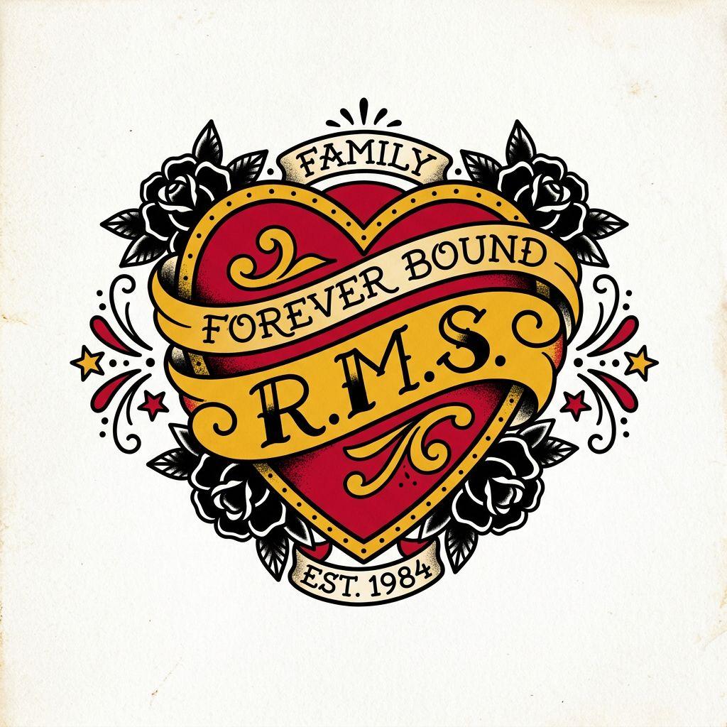 idée tatouage initiales famille initiales old school heart, design sur fond blanc