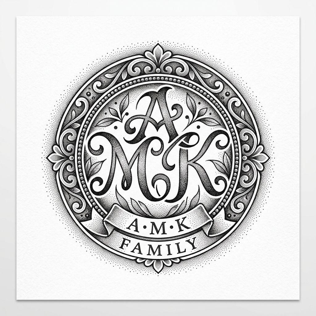 idée tatouage initiales famille initiales dotwork, design sur fond blanc