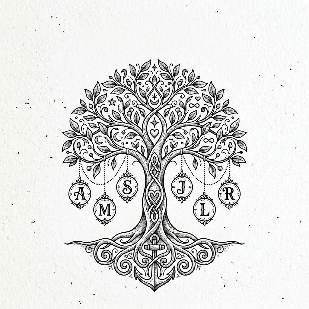 idée tatouage initiales famille initiales arbre généalogique, design sur fond blanc