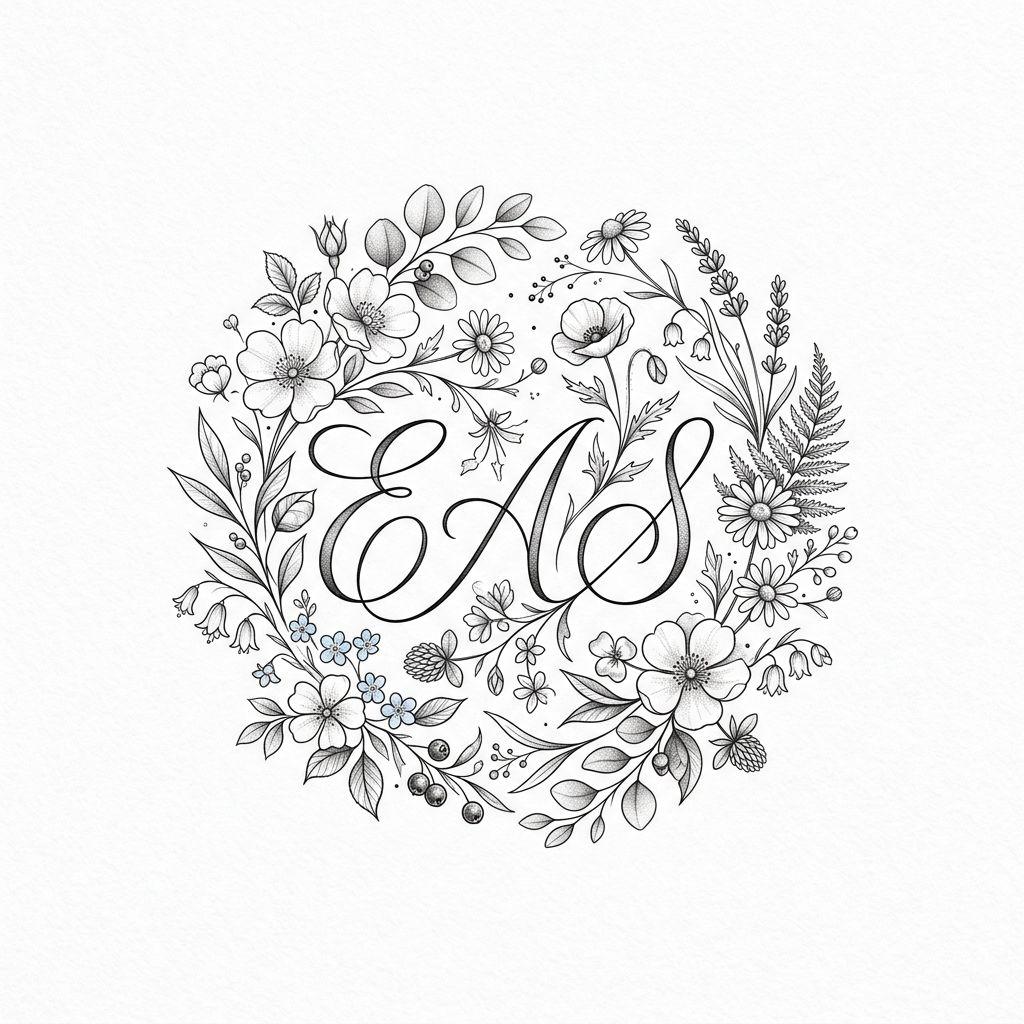 idée tatouage initiales famille initiales floral, design sur fond blanc