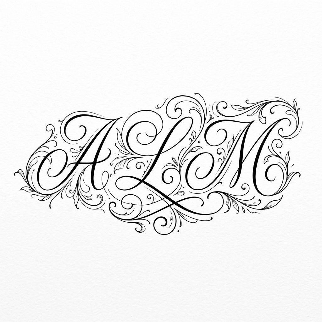 idée tatouage initiales famille initiales manuscrit élégant, design sur fond blanc