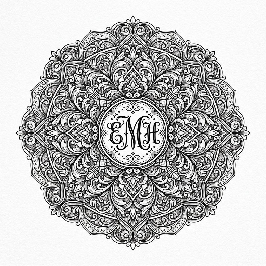 idée tatouage initiales famille initiales mandala, design sur fond blanc