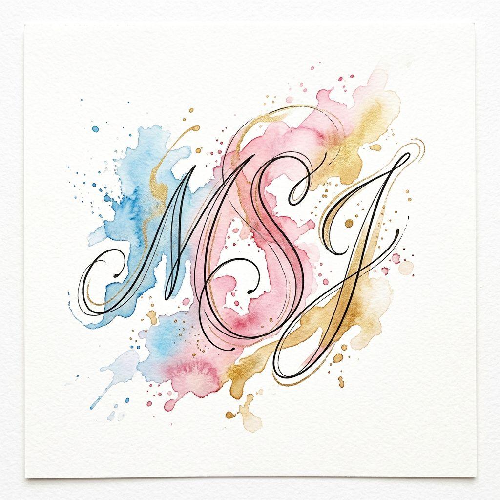 idée tatouage initiales famille initiales aquarelle, design sur fond blanc