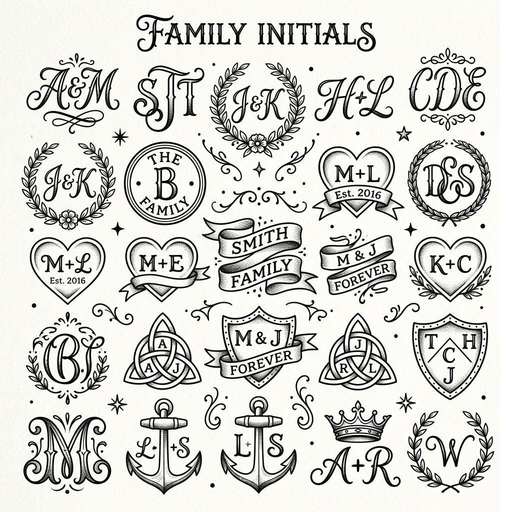 idée tatouage initiales famille patchwork initiales flash, design sur fond blanc