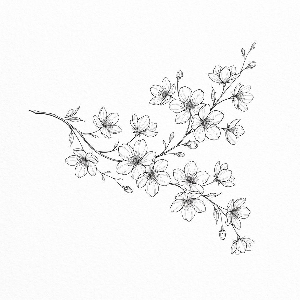 idée tatouage japonais branche cerisier fine line, design sur fond blanc
