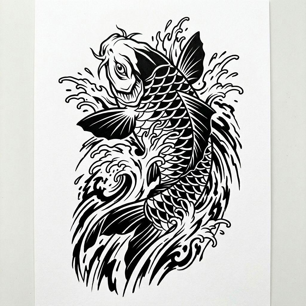 idée tatouage japonais carpe koi blackwork, design sur fond blanc