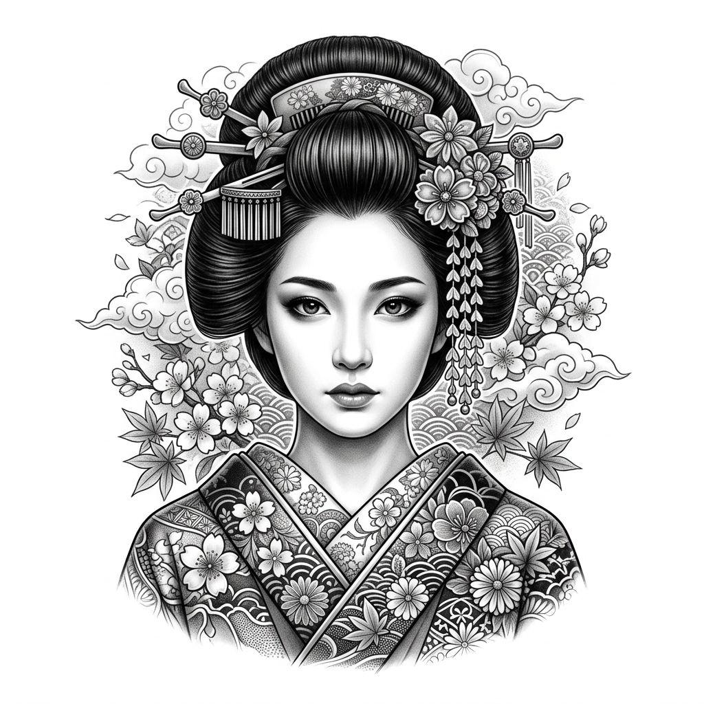 idée tatouage japonais geisha portrait realiste, design sur fond blanc