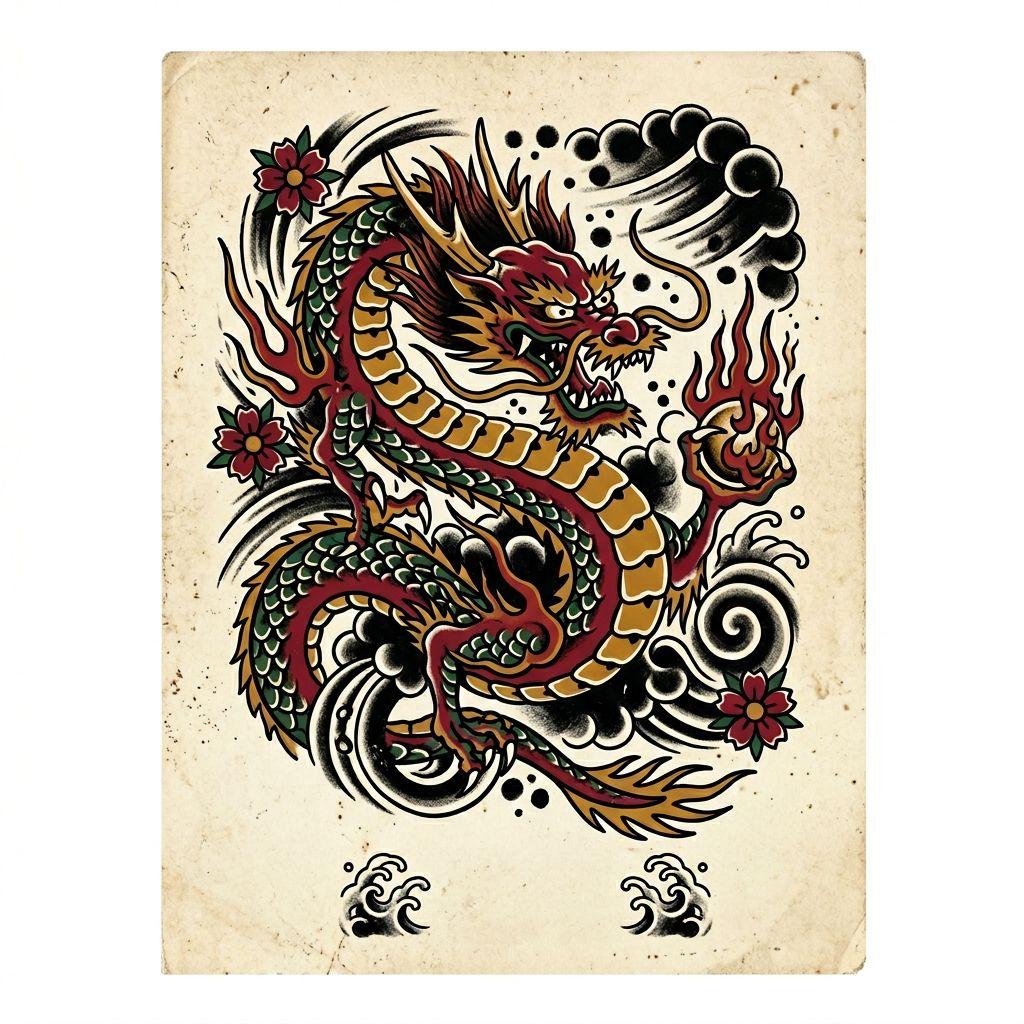 idée tatouage japonais dragon old school revisite, design sur fond blanc