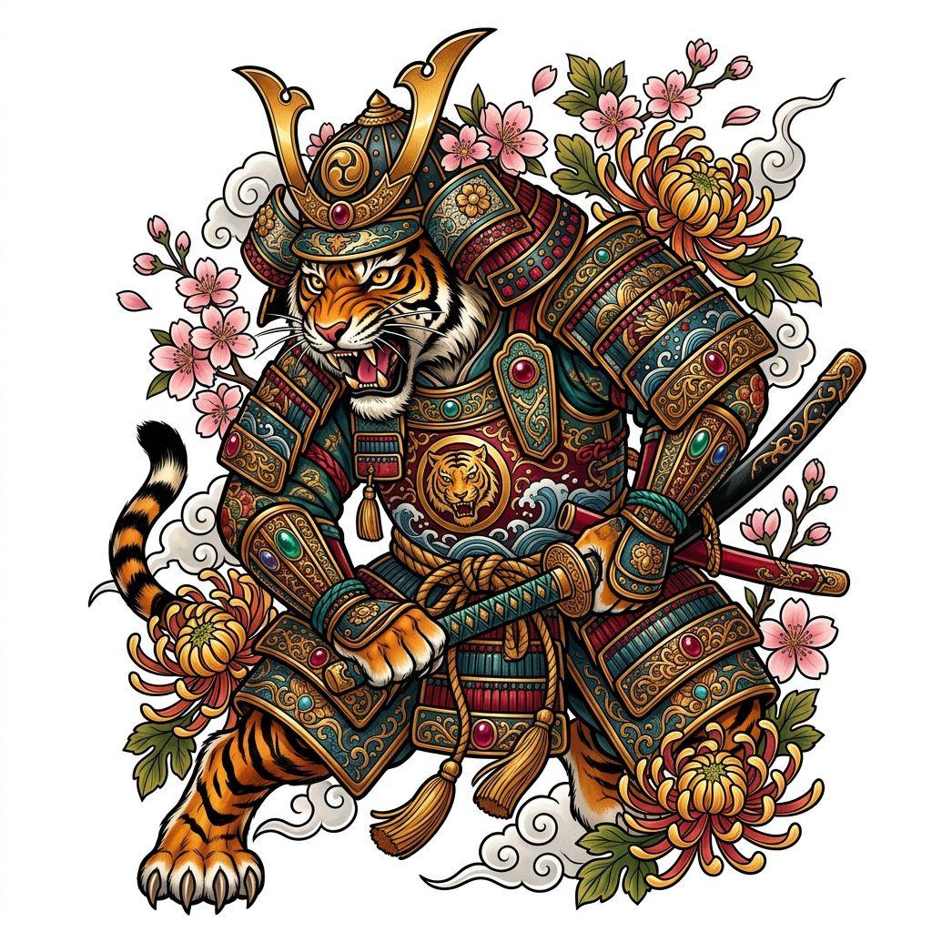 idée tatouage japonais tigre samourai néo-traditionnel, design sur fond blanc