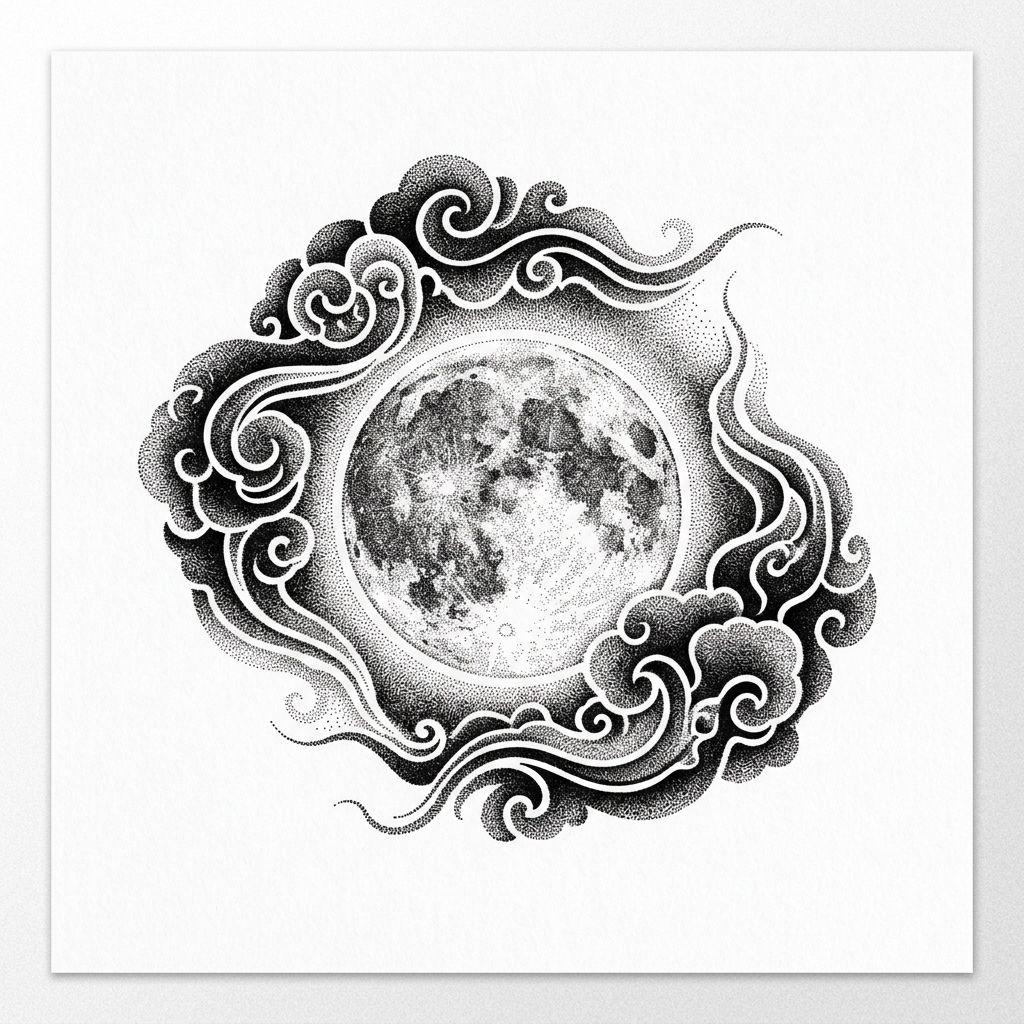 idée tatouage japonais lune dotwork japonaise, design sur fond blanc