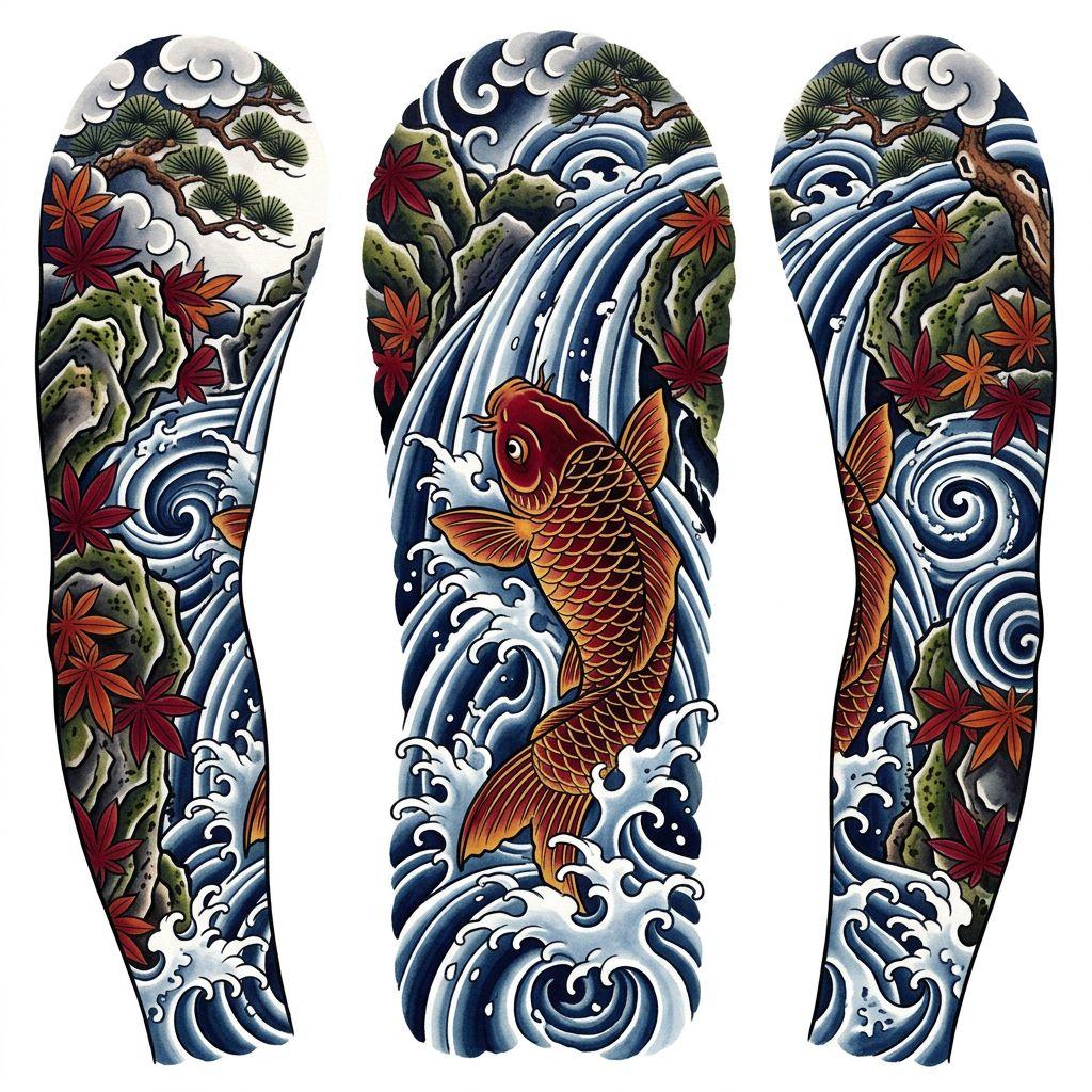 idée tatouage japonais manche koi irezumi, design sur fond blanc