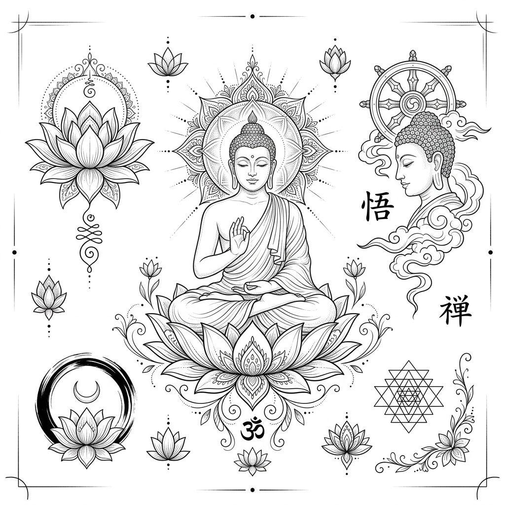 idée tatouage japonais bouddha spirituel, design sur fond blanc