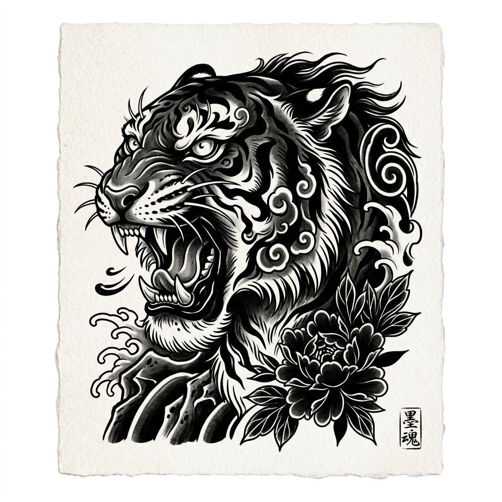 idée tatouage japonais tigre japonais blackwork, design sur fond blanc