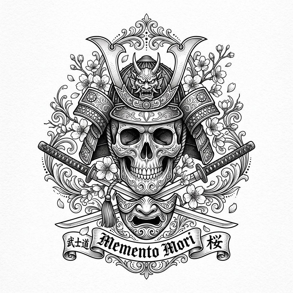 idée tatouage japonais crane samourai ornemental, design sur fond blanc