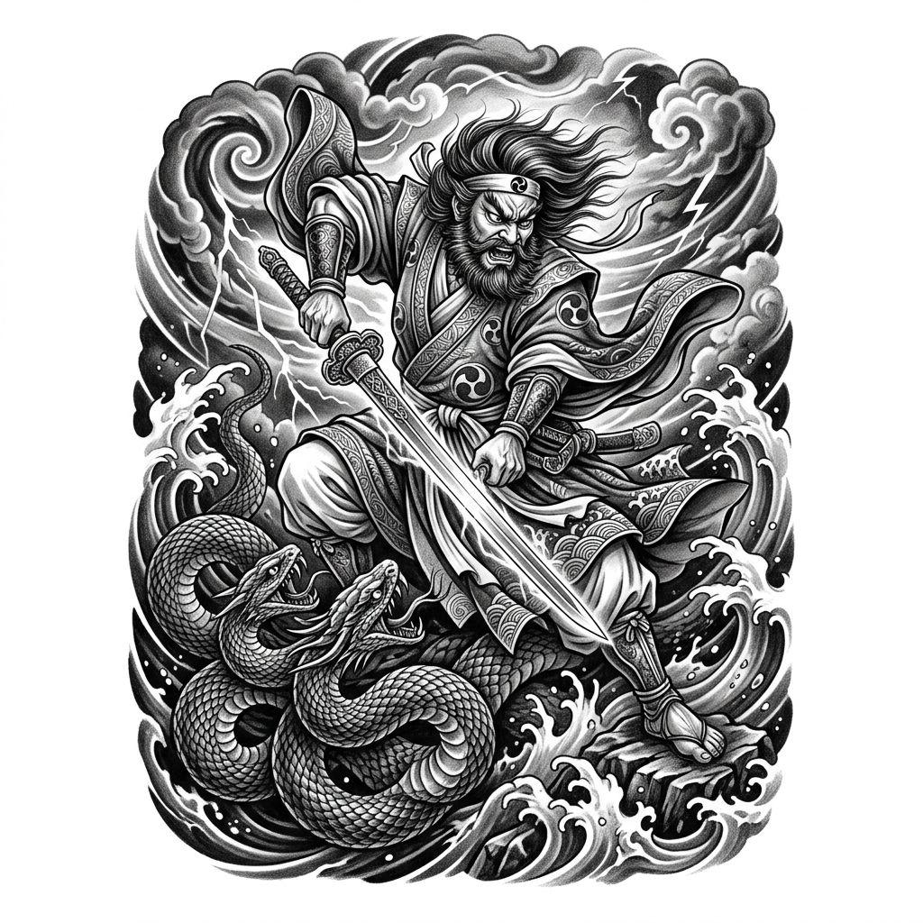 idée tatouage japonais susanoo mythologique, design sur fond blanc