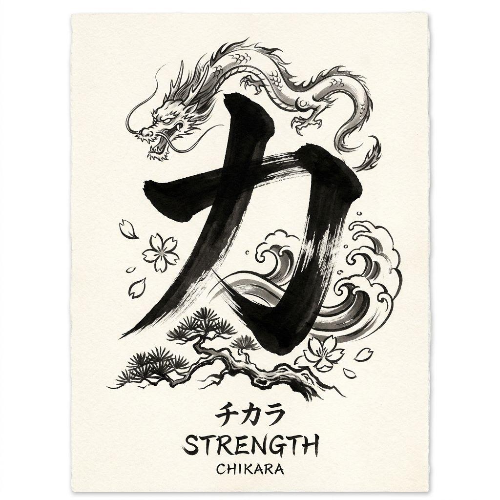 idée tatouage japonais kanji 'force' calligraphie, design sur fond blanc