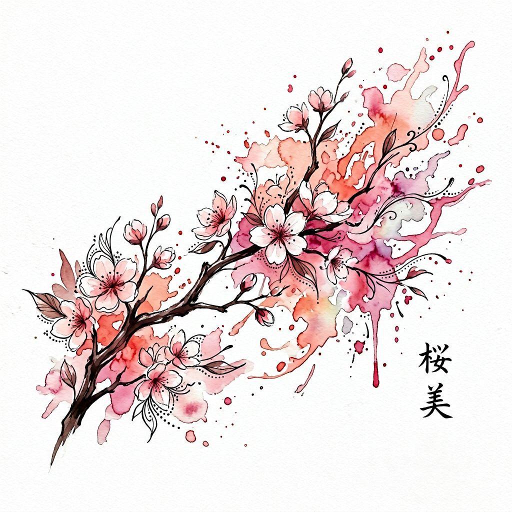 idée tatouage japonais sakura aquarelle splash, design sur fond blanc